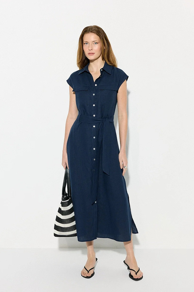 Beli Belted Linen Shirt Dress - Navy Blue