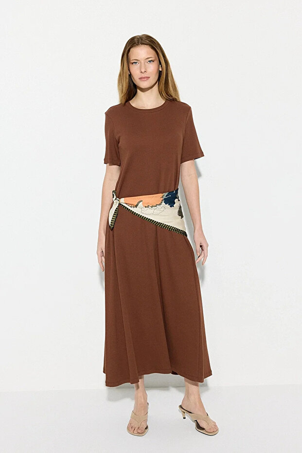 Short Sleeve Knitted Long Cotton Dress - Brown