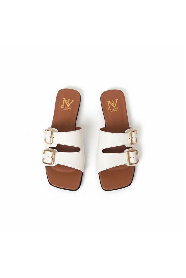 White Leather Two-Buckle Women's Square-Toe Slippers