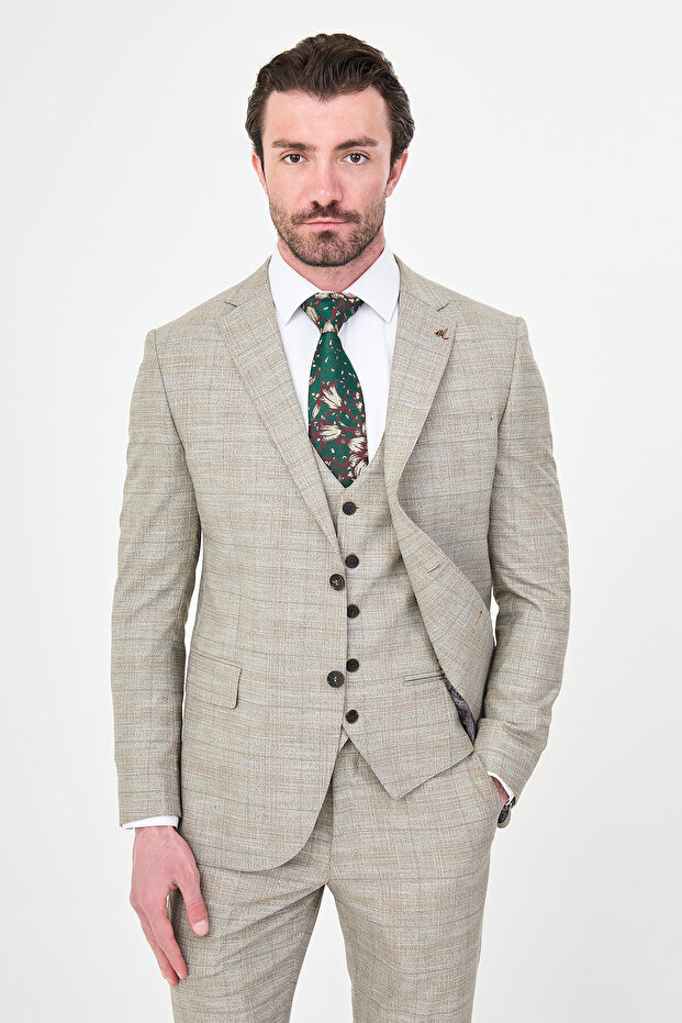 Plaid Slim Fit Mono Collar Classic Men's Suit Beige - 45474.26Y