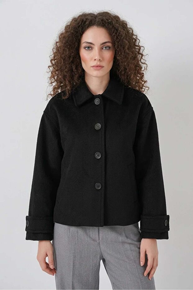 Women's Classic Collar Buttoned Cashmere Black Jacket