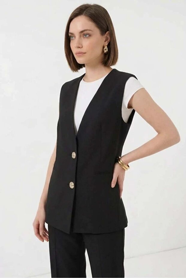 Women's V-Neck Black Two-Piece Set