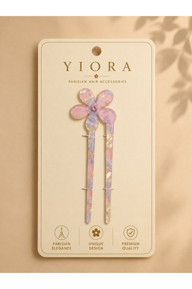 Premium Series Imported Bone Acetate French Bun Hairpin with Floral Detail and Stone in the Center 15-16 cm