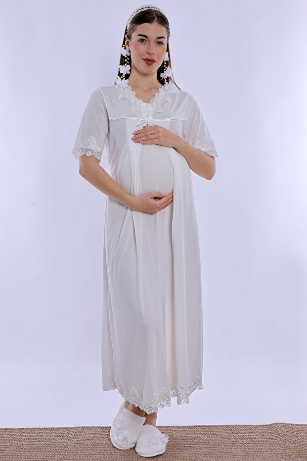 Soft Textured Maternity Nightgown with Hidden Breastfeeding Feature Effortt - Ecru