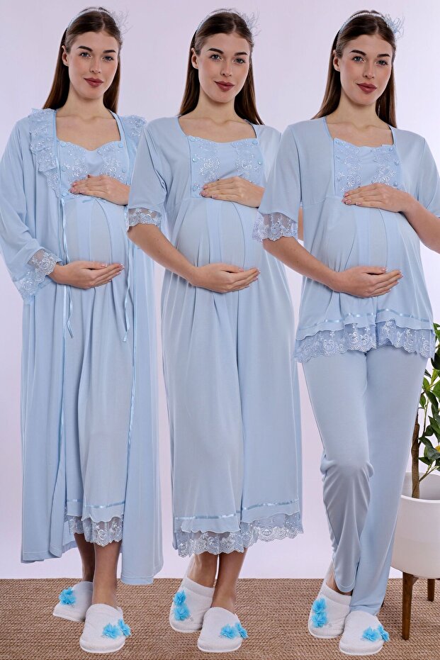 Adjustable Waist Elastic Maternity and Postpartum Set with Breastfeeding Feature Effortt - Blue