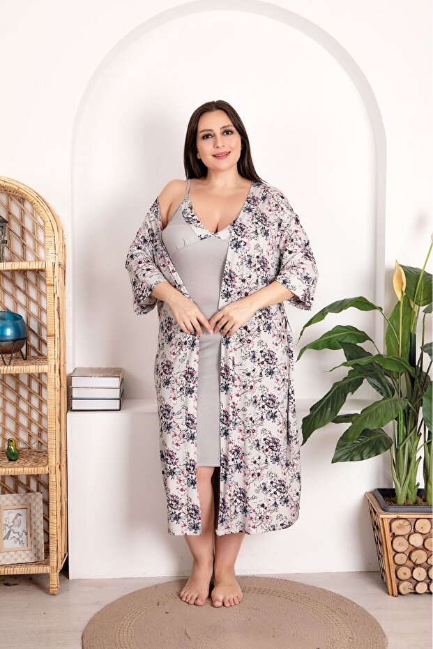 Floral Patterned Dressing Gown and Nightgown Plus Size Women's 2-Piece Set