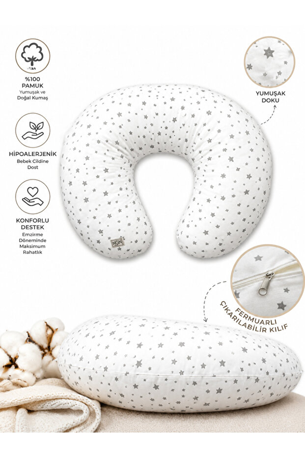 Breastfeeding Pillow, 100% Cotton Washable Zippered Breastfeeding and Support Cushion, Yıldız Hamile Destek
