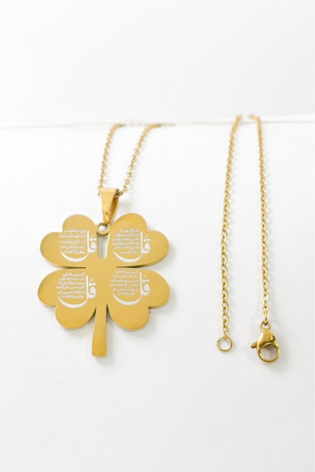 Gold Color Four-Leaf Clover Design Stainless Steel Necklace with Surahs of Al-Falaq, Nas, Ikhlas, and Kafirun