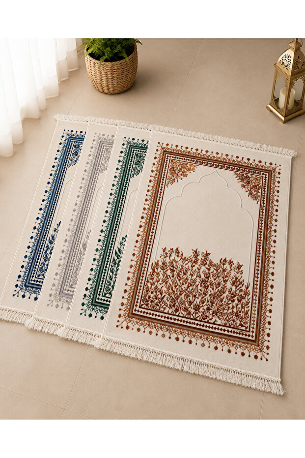 4-Piece Luxury Velvet Woven Prayer Rug with Soft Texture and Fringed Mihrab Pattern