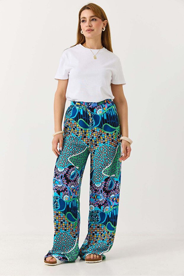 Women's Self-Belted Mixed Pattern Loose Viscose Trousers Blue