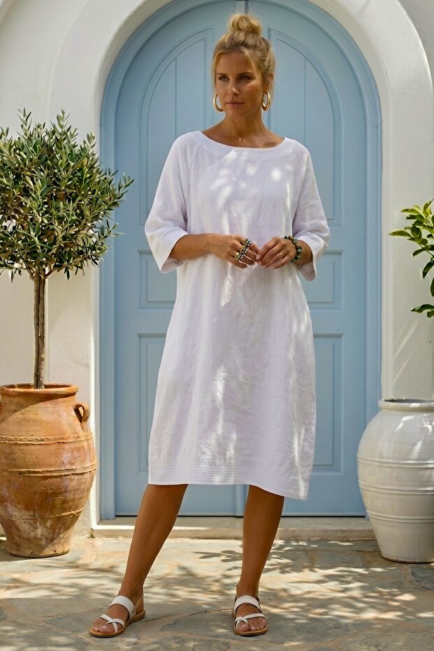 White Casual 100% Linen Woven Dress 102 61