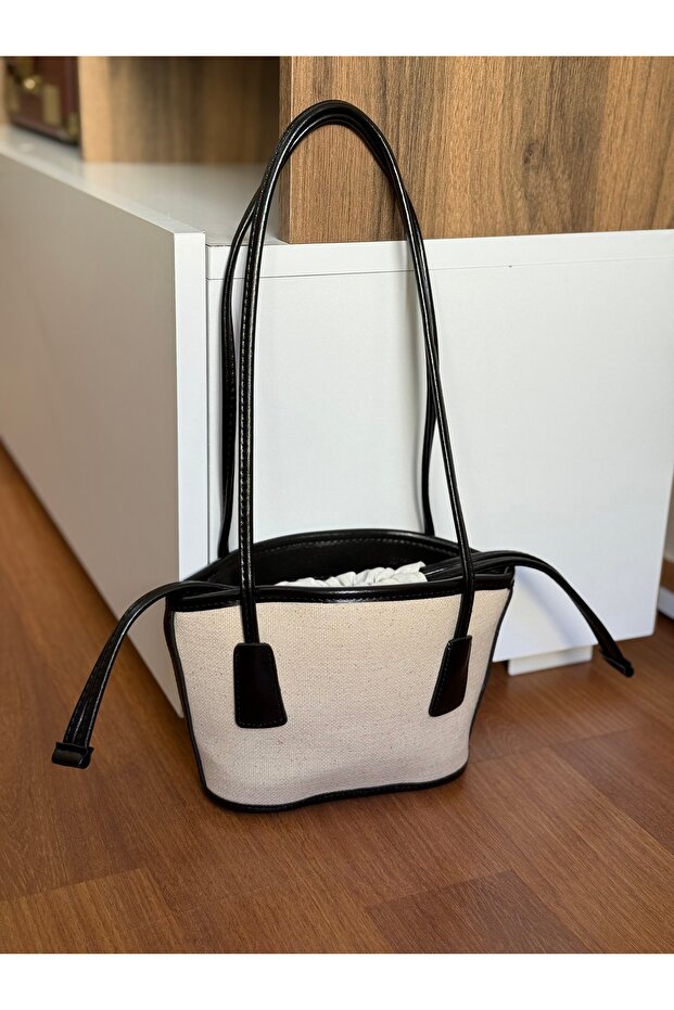 Drawstring Canvas and Leather Detailed Women's Shoulder Bag