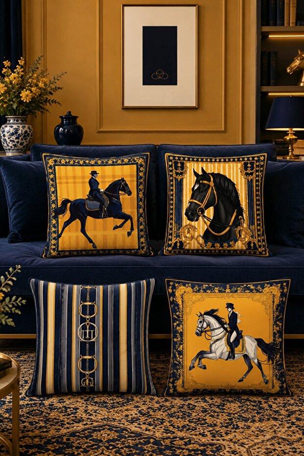 Artistic Horses Patterned 4-Piece Throw Pillow Cover Set