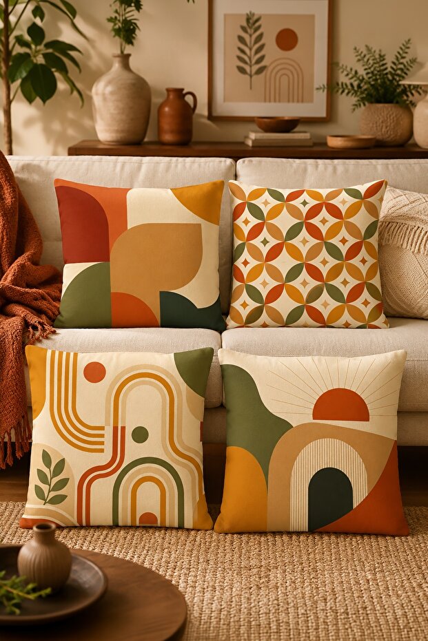 Set of 4 Throw Pillow Covers with Different Abstract Rainbow Patterns
