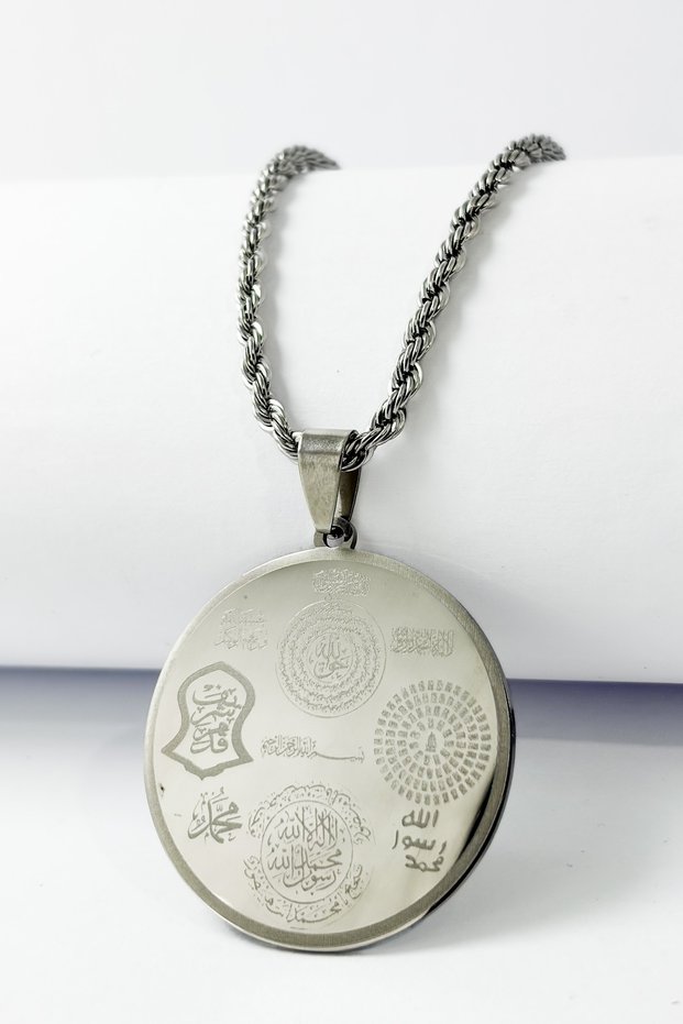Silver Color Ayetel Kürsi & Hilye-I Şerif Written Stainless Steel Necklace with Twisted Chain