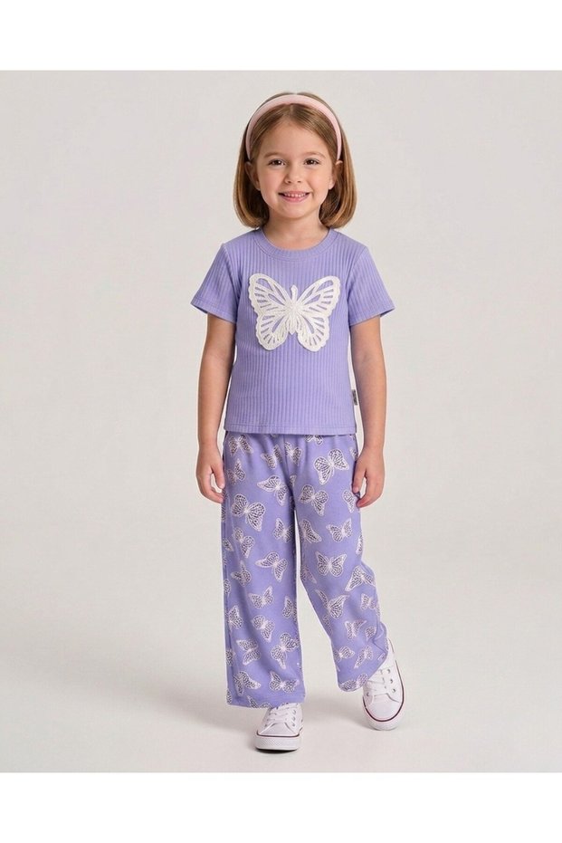 Girl's Summer Muslin Trousers and Butterfly Embroidered T-Shirt 2-Piece Set, Sizes 2-14 Years