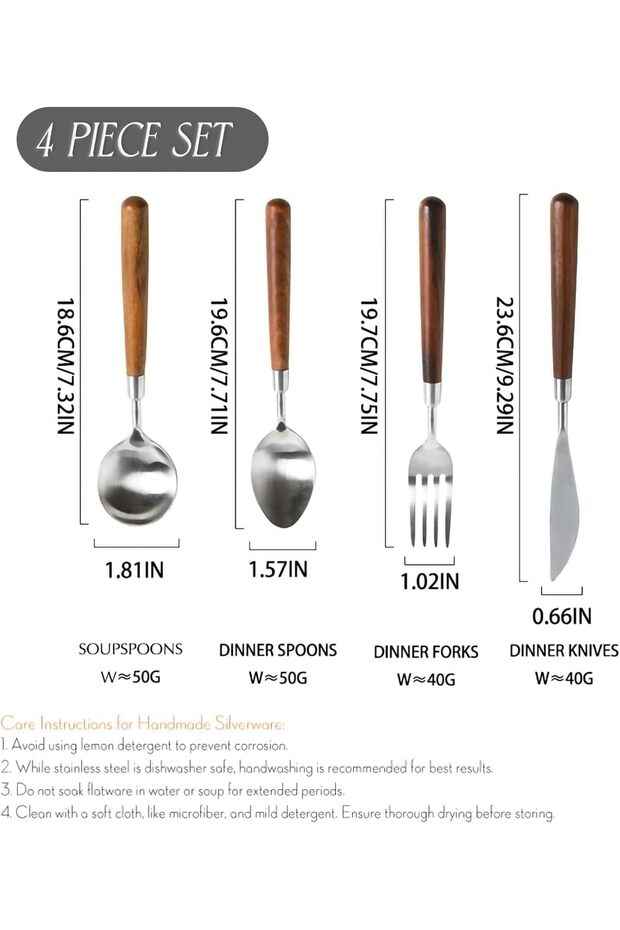 Wooden Flatware Set, Natural Walnut Wood Style Handle Silverware Set