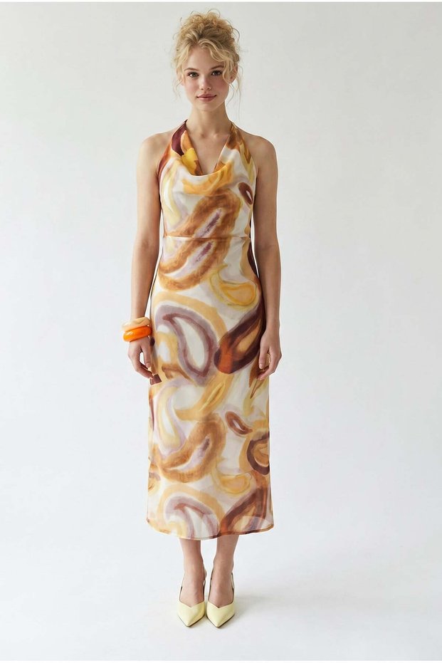 4946 Women's Patterned Degaje Collar Back Detail Dress Yellow