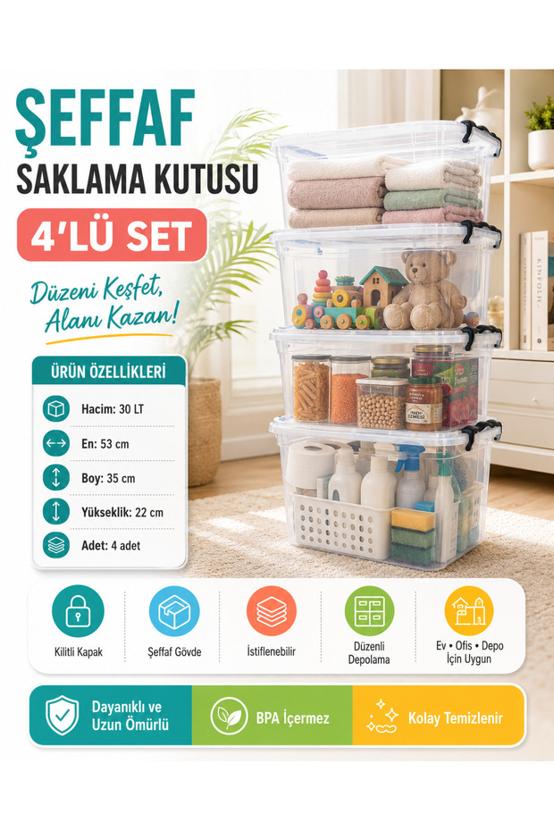 30 Lt Transparent Lockable Storage Box 4 Pieces Pp Plastic Organizer Suitable for Food Contact 53X35X22 cm