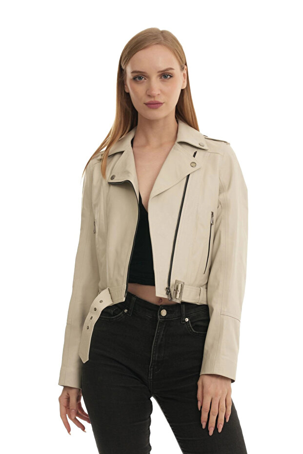 Beige Nappa Women's Leather Coat