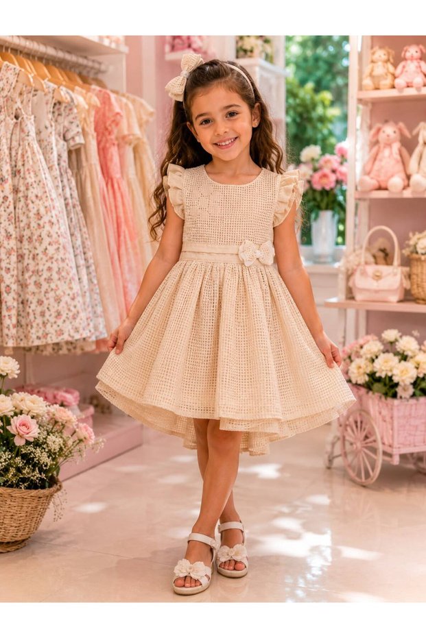 Girls' Linen Embroidered Textured 100% Organic Stylish Dress