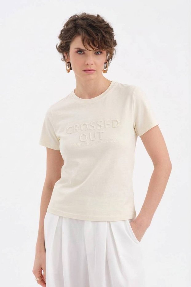 Women's 100% cotton short sleeve t-shirt with embroidery detail on the front