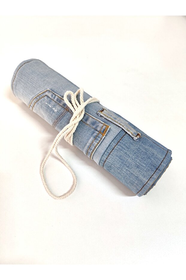 Light Blue Denim Roll-Up Brush Holder Pen Holder