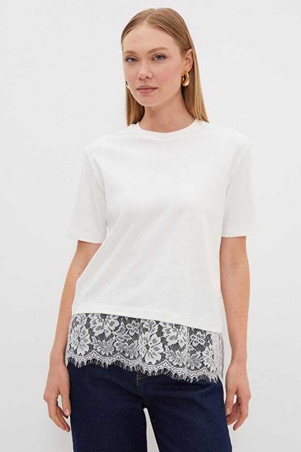 Lace Crew Neck Casual T-Shirt