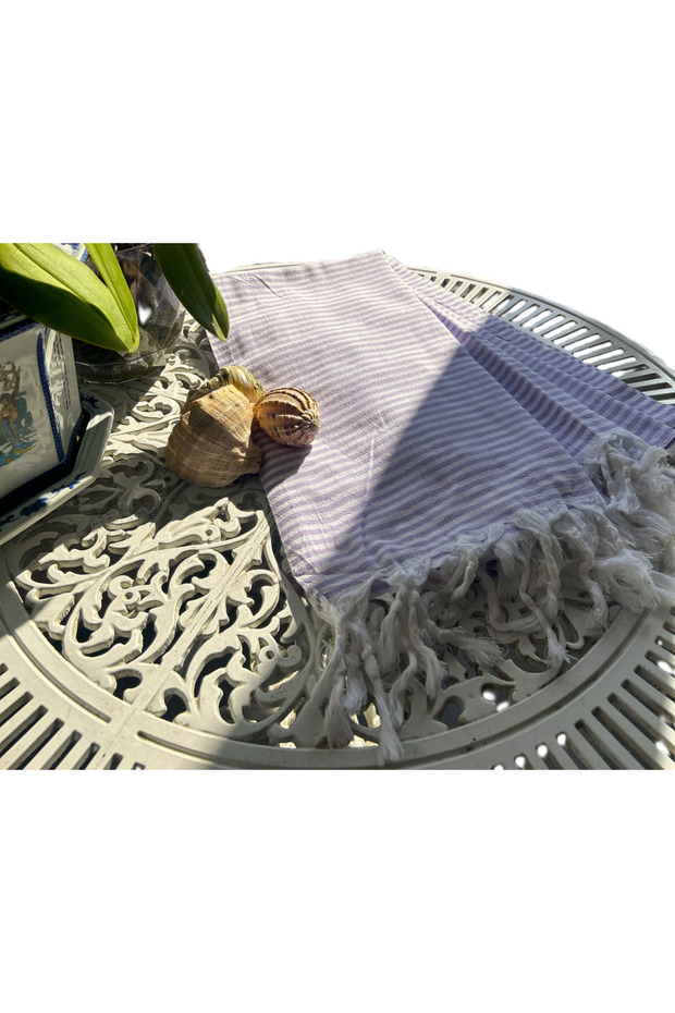 Ağcabay Denizli 100% Cotton 100X200Cm Boho Style Lilac Striped Beach and Pool Peshtemal, Stylish Beach Towel