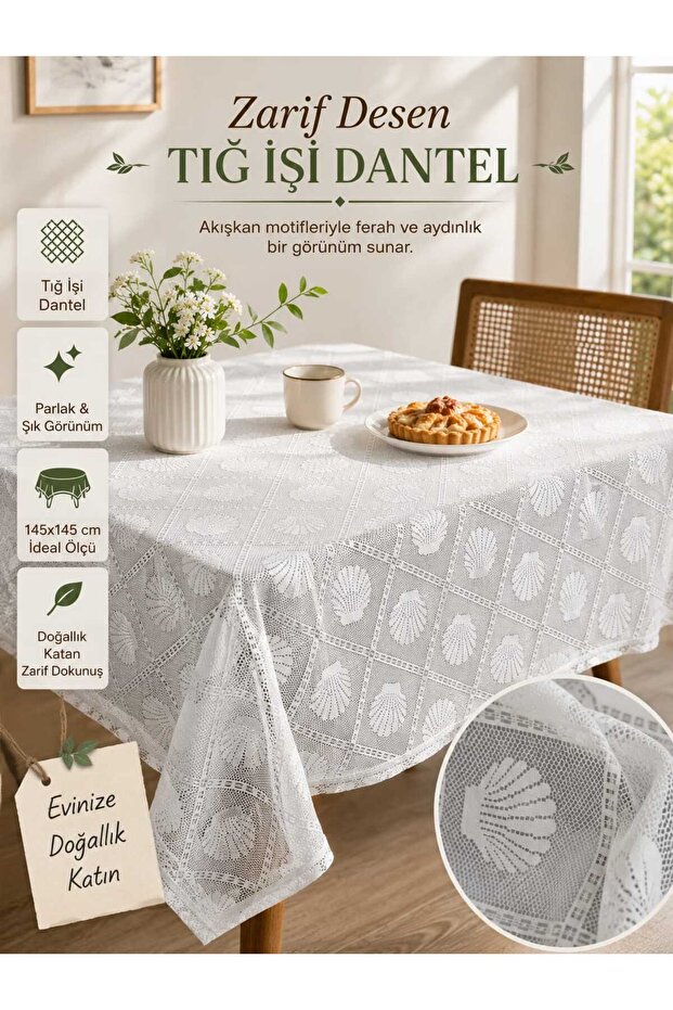 Crochet Lace Tablecloth 145X145 cm | Stylish Decorative Square Tablecloth with Seashell Pattern | Anti-Wrinkle and Non-Iron