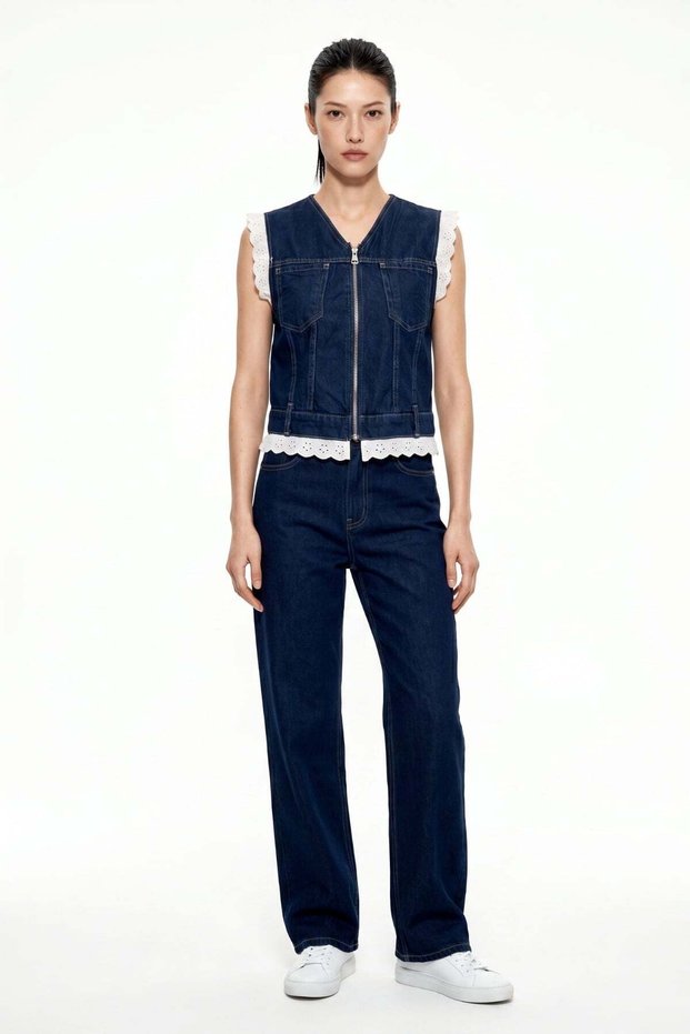 Lace Detailed Denim Vest Double Set