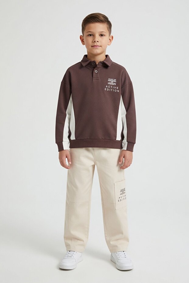 Brown Polo Collar Sweatshirt and Linen Trousers Boys' Set 24531