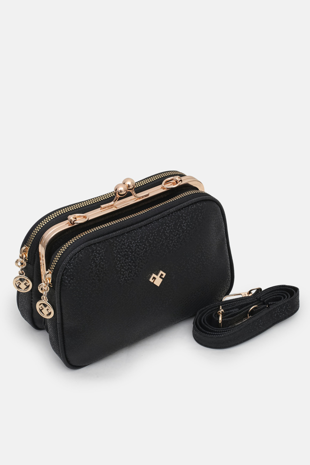 Women's Black Patterned Clip-On 4-Compartment Lined Soft Leather Hand, Shoulder and Crossbody Bag