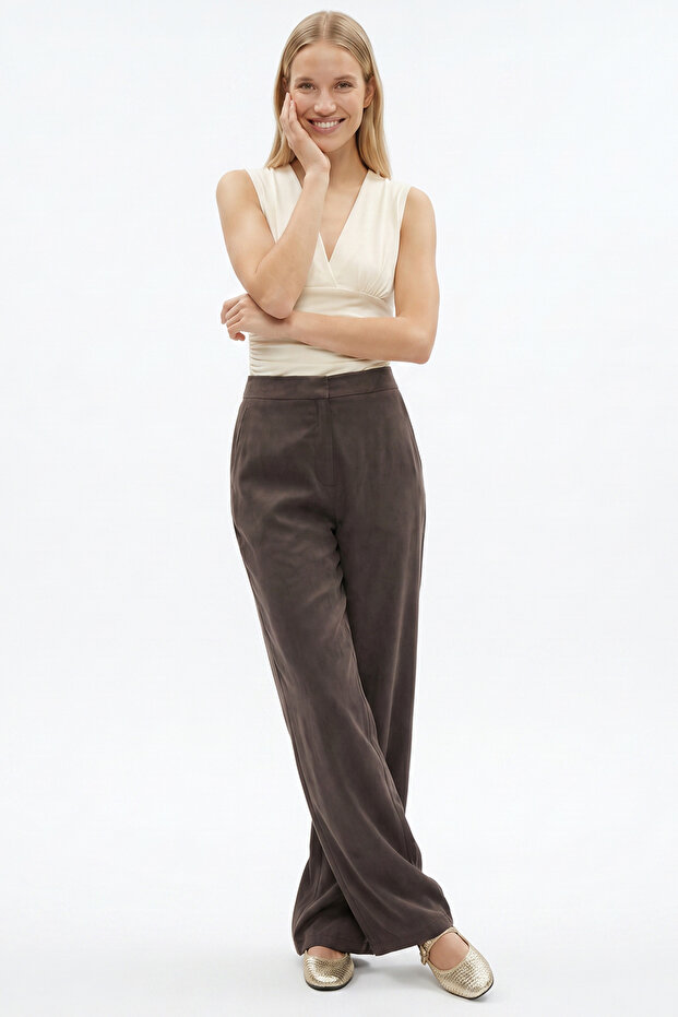 Wide Leg Regular Pants with Zipper Pockets and Elastic Waistband