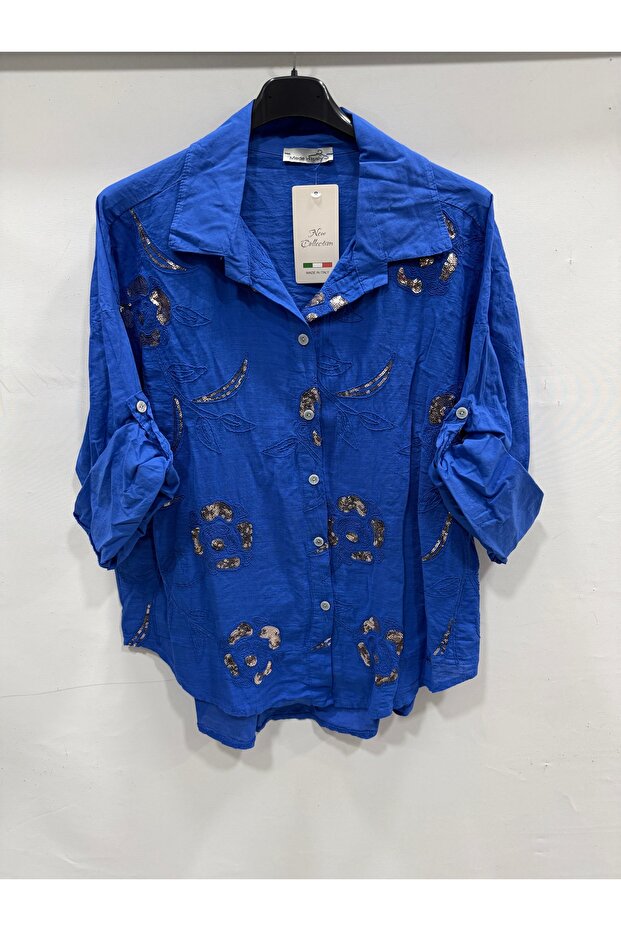 Women's Cobalt Blue Italian Large Size Floral Embroidered Sequin Embroidered Foldable Long Sleeve Shirt 42 - 48 Size