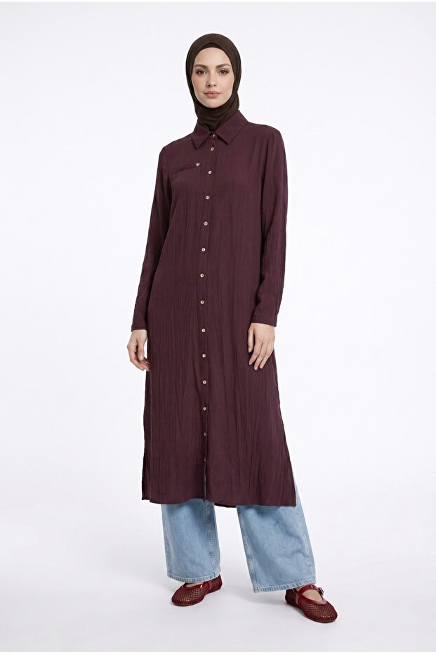 Shirt Collar Button Closure Slit Detailed Long Summer Tunic