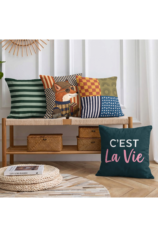 مجموعة من 4 أغطية وسائد مزدوجة الجوانب من جلد الغزال بتصميم C'est La Vie ونمط الثعلب الرجعي - غطاء وسادة مزخرف بخطوط وتطريزات