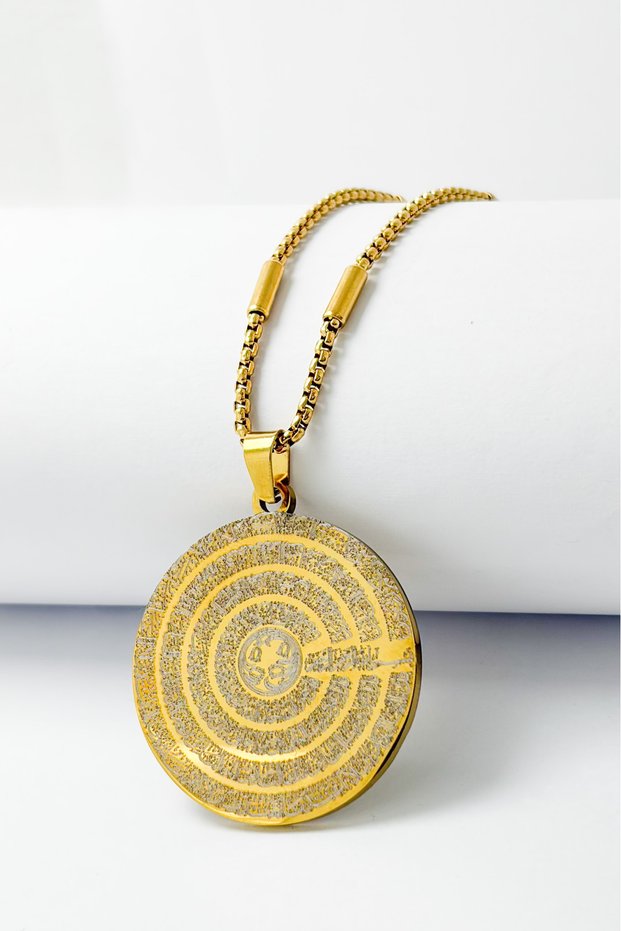 Gold Color Esmaül Hüsna and Four Kul Written Prayer Spiritual Design Stainless Steel Necklace with Stick and Thick Doc Chain