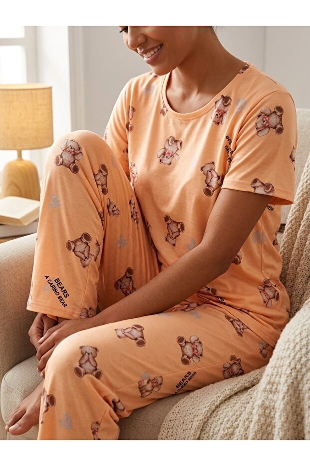 Bear Orange Short Sleeve Pajama Set