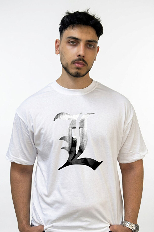 Death Note L Design Printed Oversize White T-Shirt