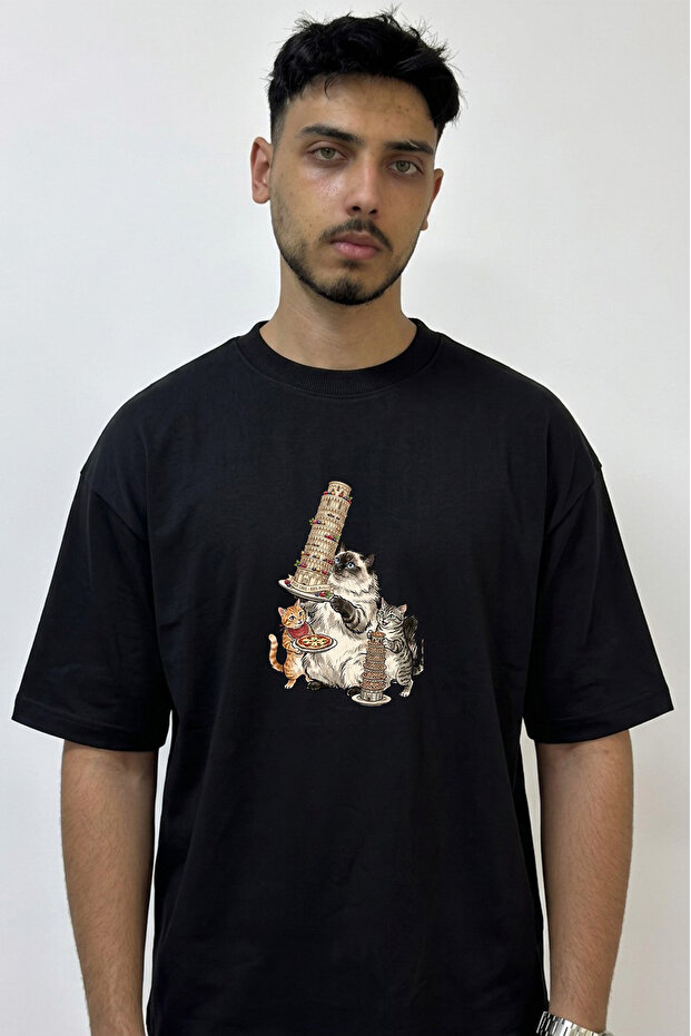 Cats Pisa Cake Design Printed Oversize Black T-Shirt