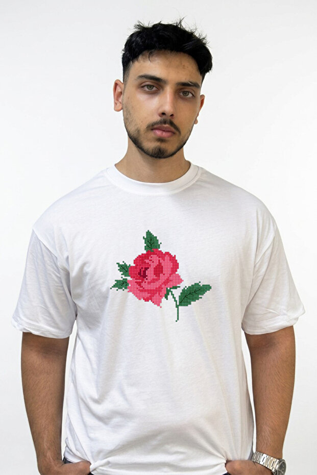 Rose Crossstitch Design Printed Oversize White T-Shirt