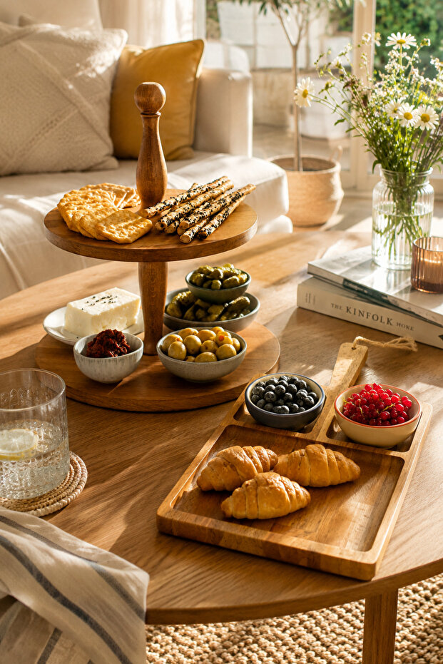2-Piece Wooden Snack Presentation Set - 2-Tier Flat Plate Cake Stand, 3-Compartment Presentation Plate