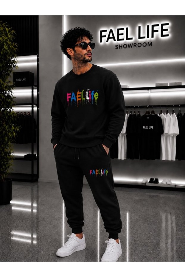 Unisex Wide Cut Zero Neck and Sweatpants Colorful Printed Set
