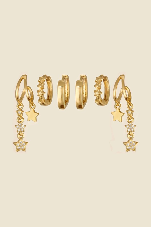 Gold Color Steel Zircon Stone Row Star Dangle Earrings Set of 6
