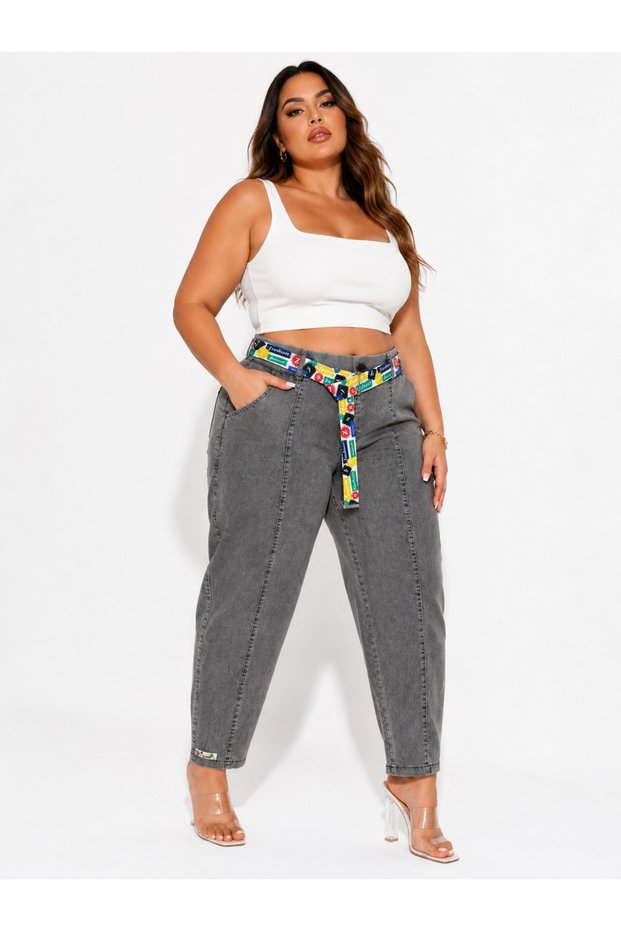 Plus Size Denim Belted High Waist Mom Women's Pants