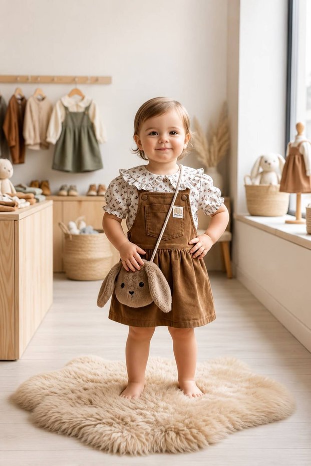 Baby Girl Velvet Gilet Dress with Straps and Floral Patterned Blouse Set – Stylish Combination with Rabbit Bag