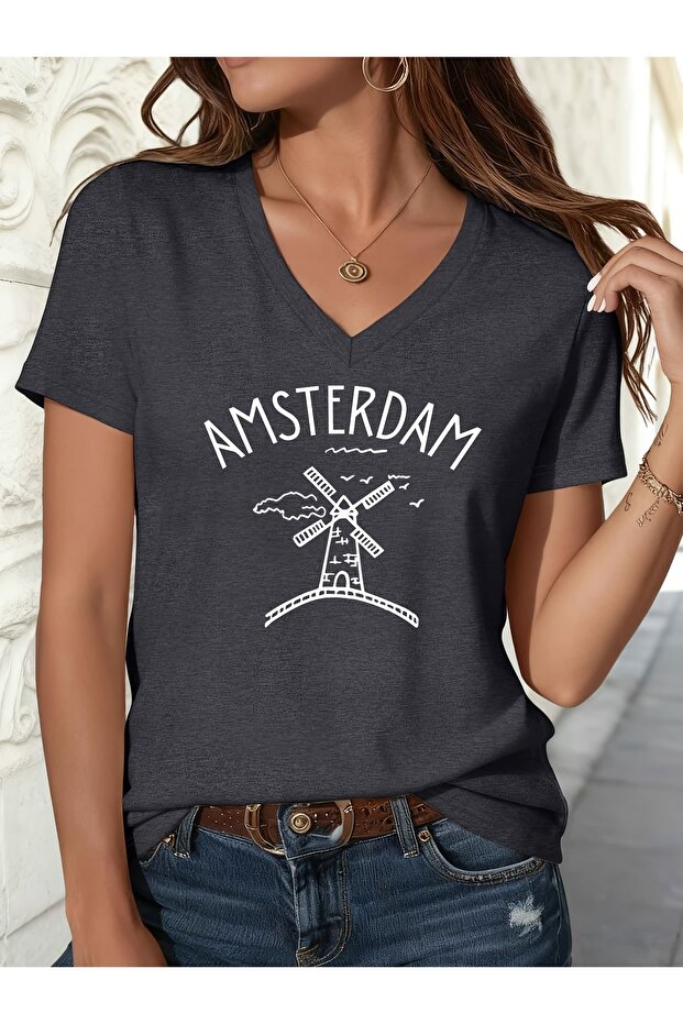 Women's Mix Printed V-Neck Sleeved Regular Fit Comfortable T-Shirt