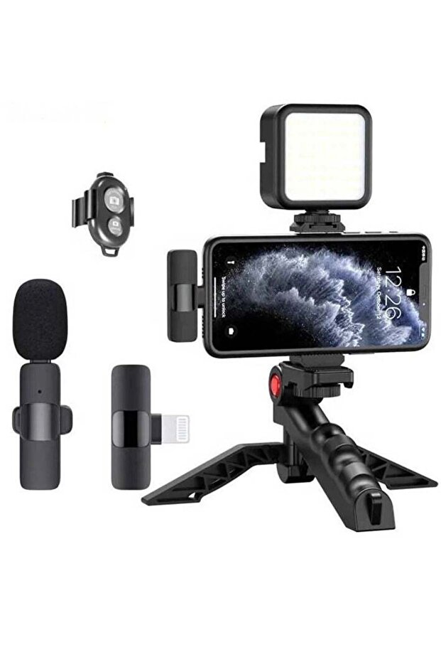 Professional Vlogging Kit – Remote Control, Foldable Tripod, LED Lamp, & Wireless Lavalier Microphone for iPhone