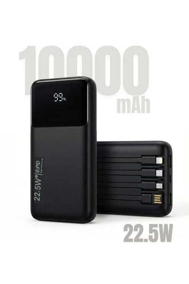 10000mAh Power Bank with 22.5W Fast Charging, Flight Approved, 4 Built-In Cables, Black